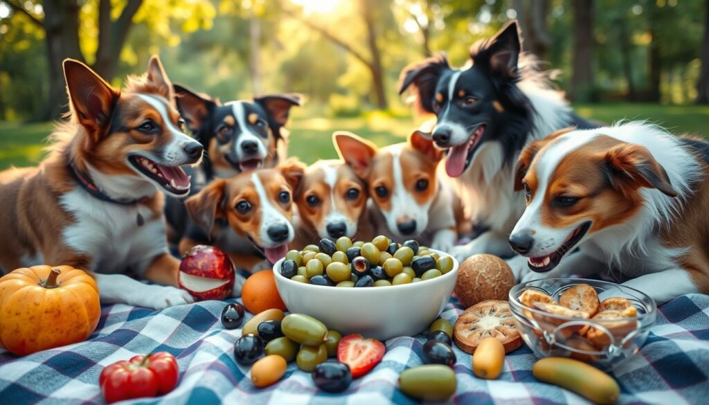 dogs eating olives